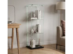 Vitrine simples aberta com três níveis + base preta com lacado incolor Vitrina