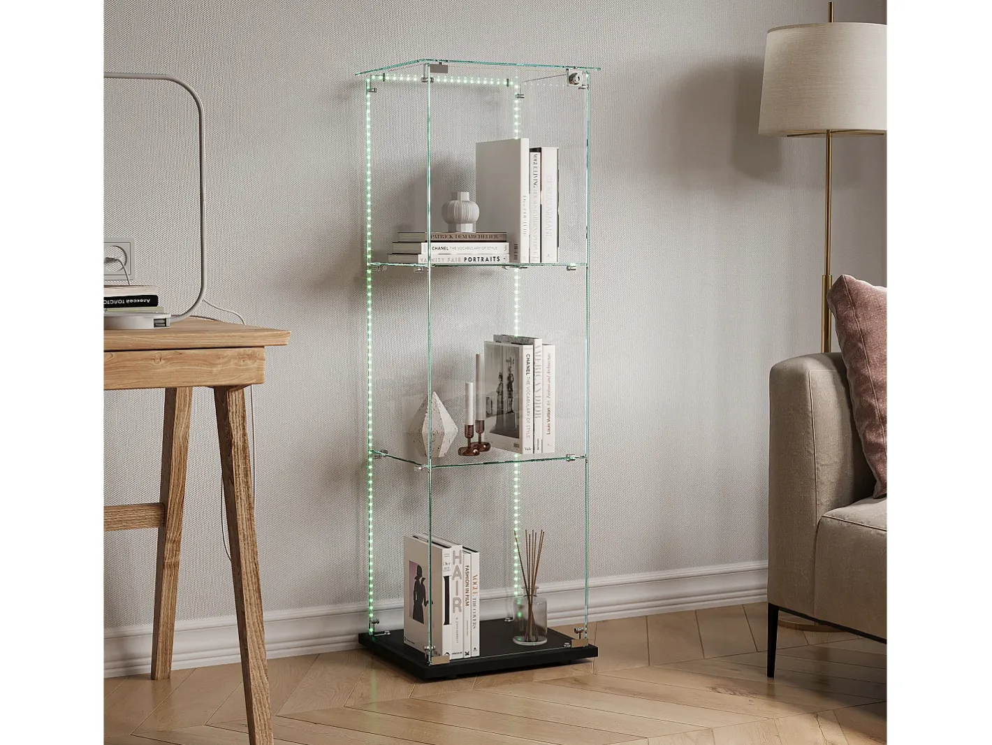Vitrine simples aberta com três níveis + base preta com lacado incolor Vitrina