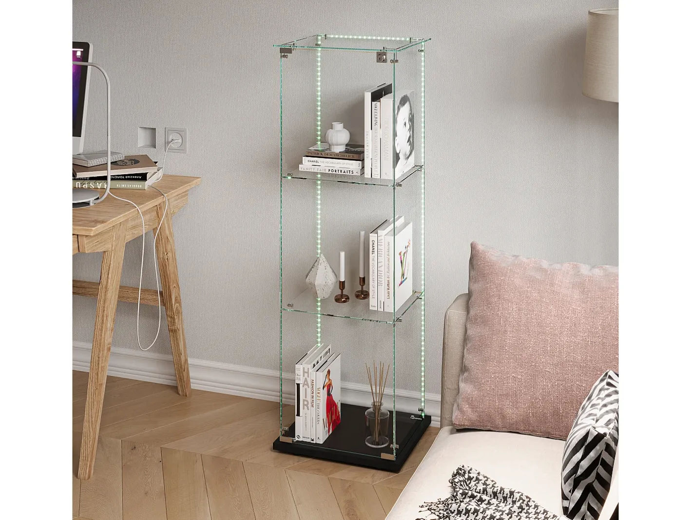 Vitrine simples aberta com três níveis + base preta com lacado incolor Vitrina