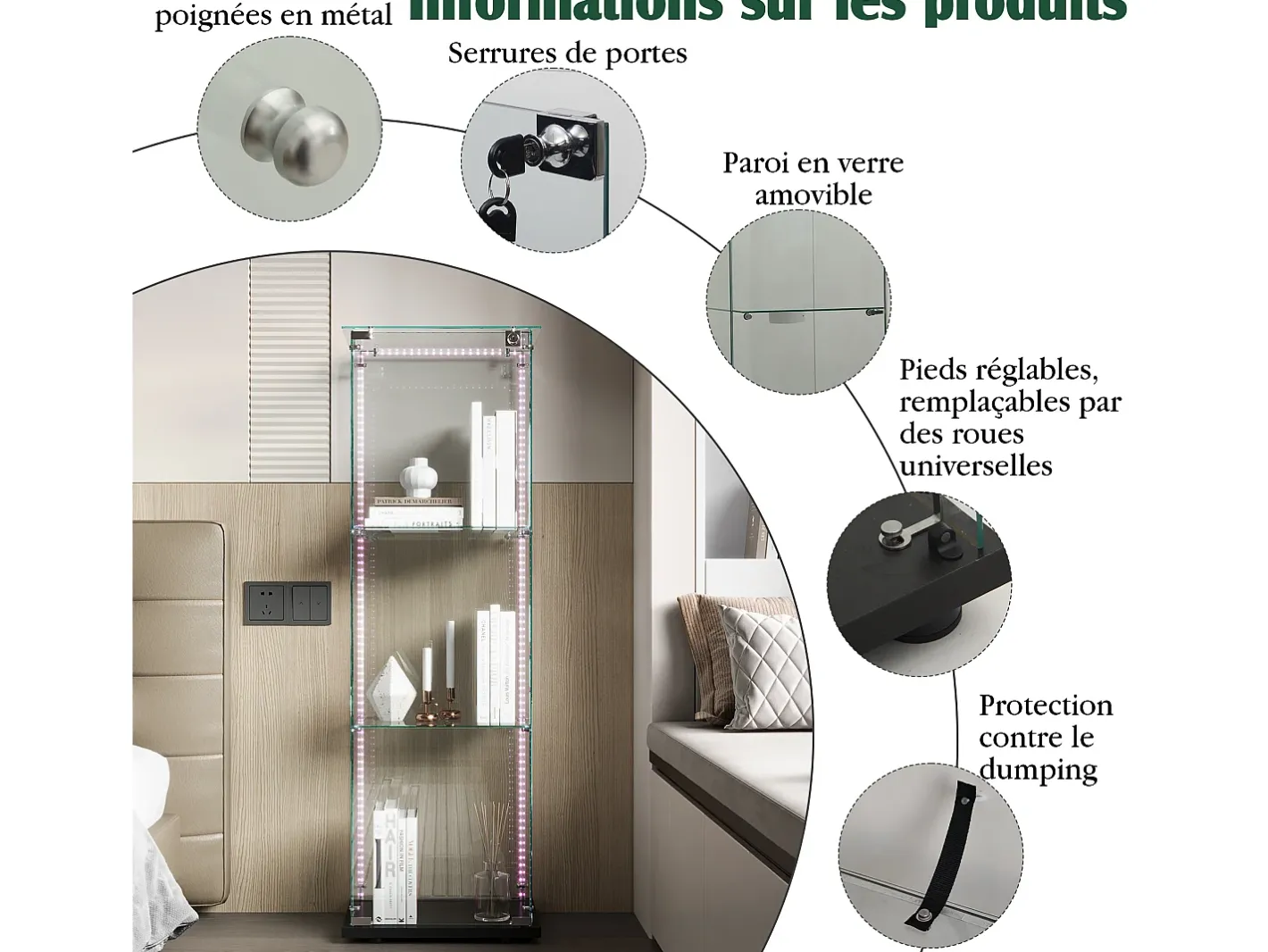 Vitrine simples aberta com três níveis + base preta com lacado incolor Vitrina