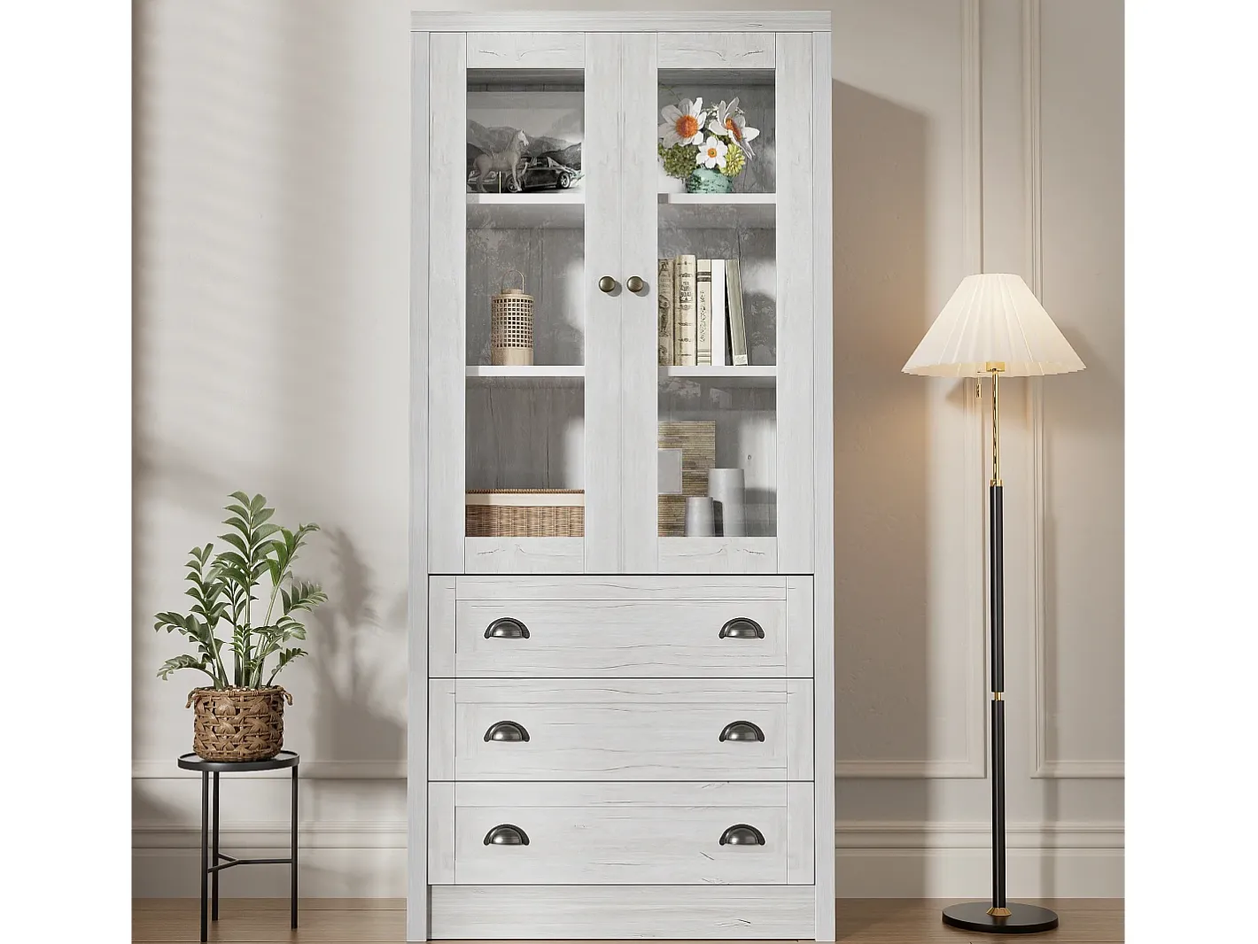 Vitrine 80x34x171 cm - com 2 portas de vidro - 3 gavetas - cinza + natural^ModernLuxe Online