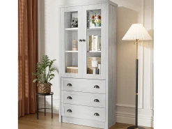 Vitrine 80x34x171 cm - com 2 portas de vidro - 3 gavetas - cinza + natural^ModernLuxe Online