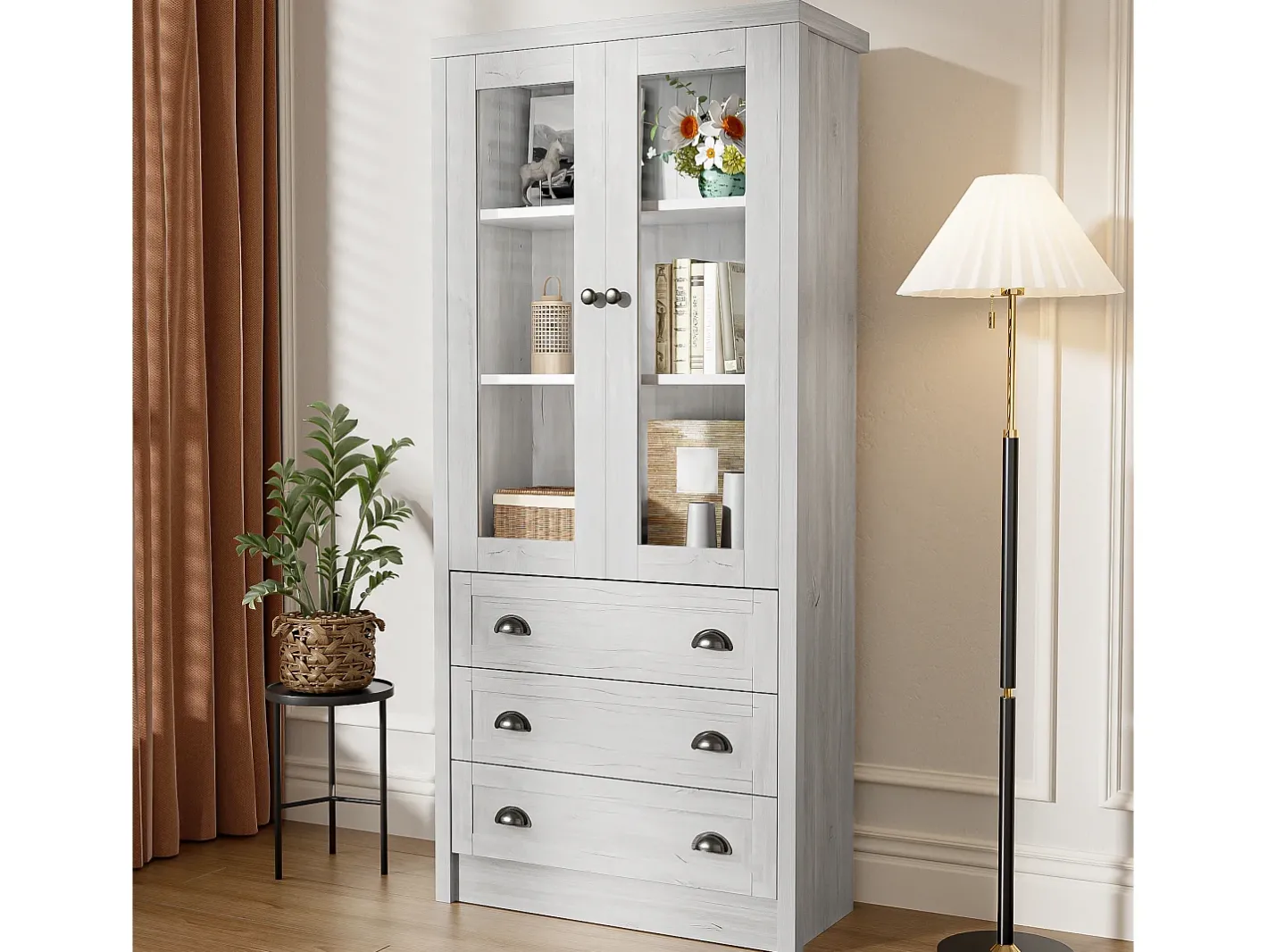 Vitrine 80x34x171 cm - com 2 portas de vidro - 3 gavetas - cinza + natural^ModernLuxe Online