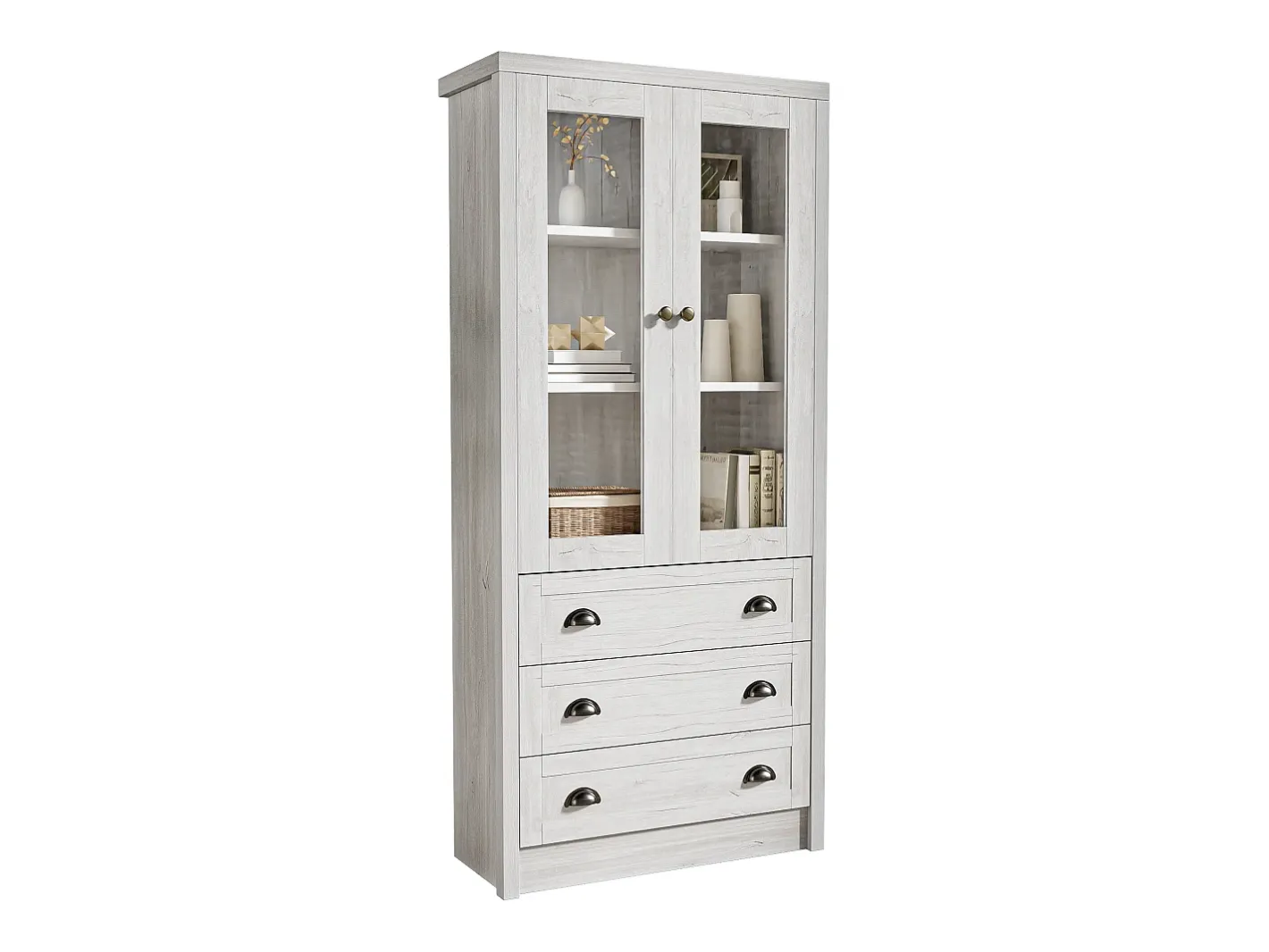 Vitrine 80x34x171 cm - com 2 portas de vidro - 3 gavetas - cinza + natural^ModernLuxe Online