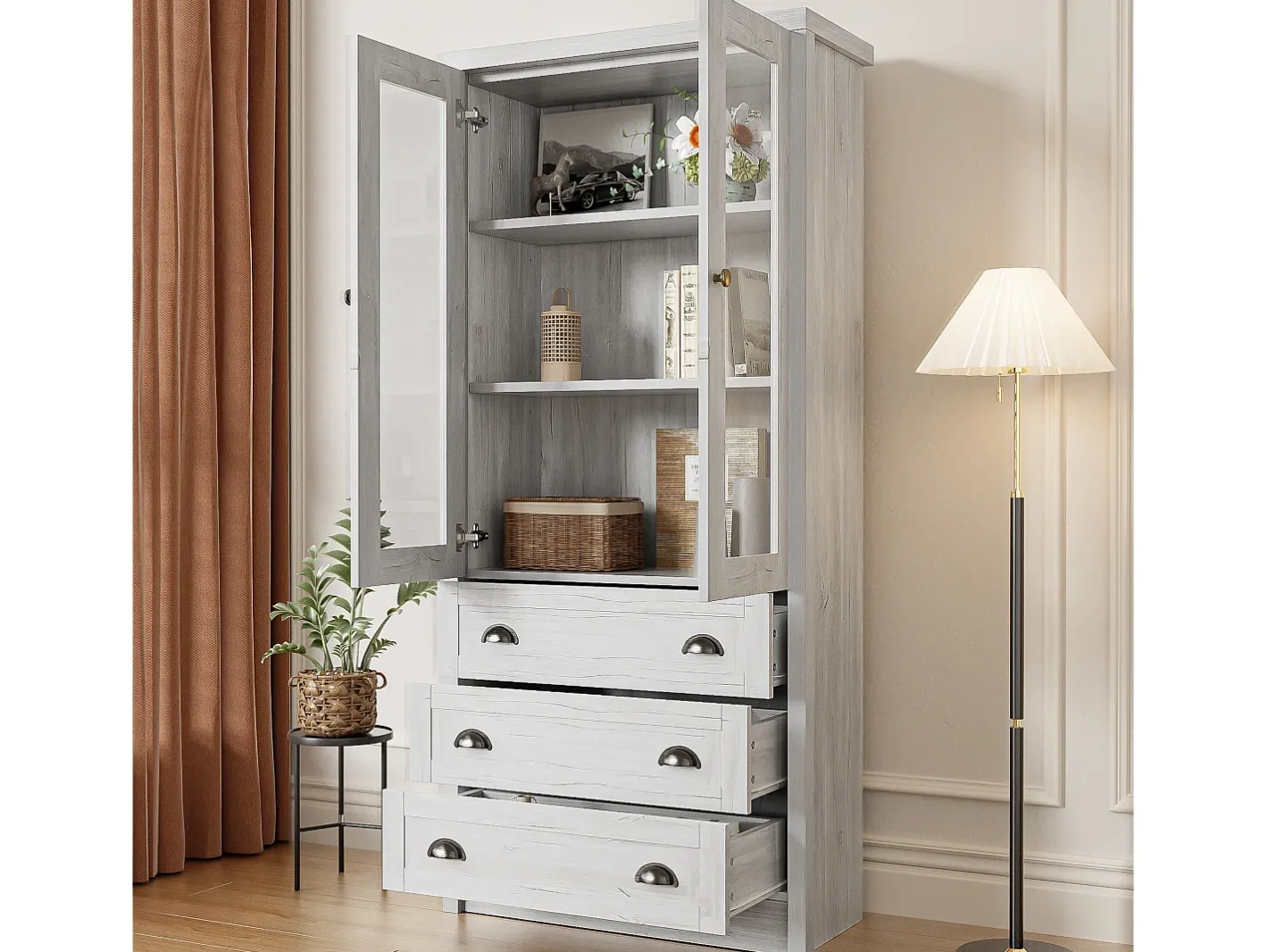 Vitrine 80x34x171 cm - com 2 portas de vidro - 3 gavetas - cinza + natural^ModernLuxe Online
