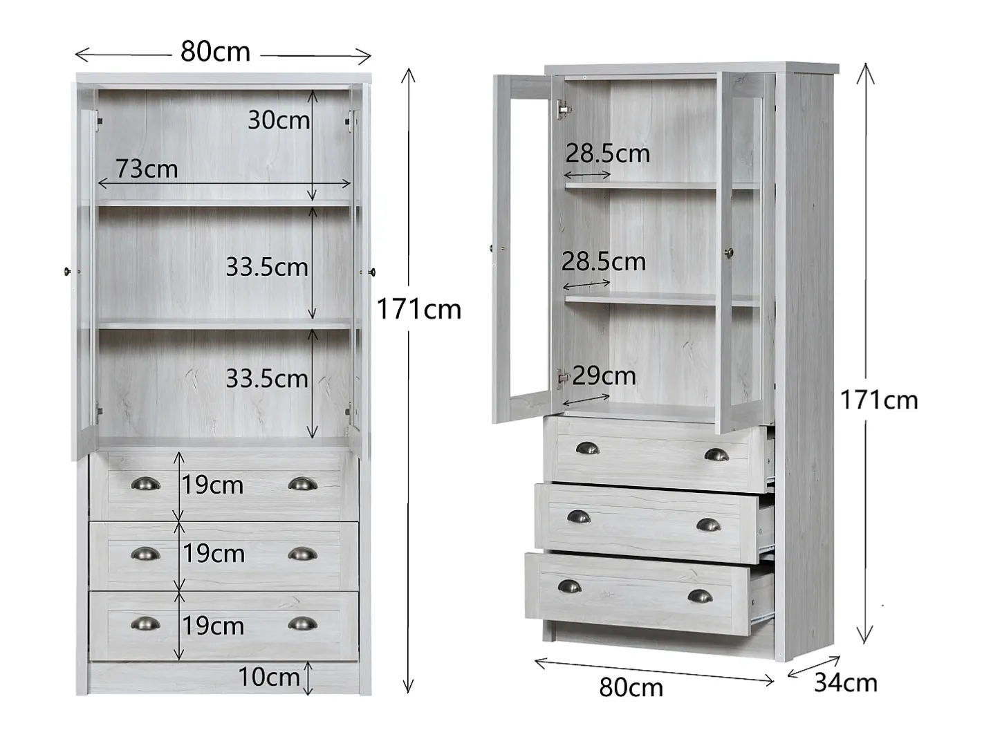 Vitrine 80x34x171 cm - com 2 portas de vidro - 3 gavetas - cinza + natural^ModernLuxe Online