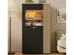 Outlet Vitrine 80x40x146cm - com iluminação LED - com 1 porta - Prateleiras ajustáveis - Painéis de partículas - Preto + natural Vitrina