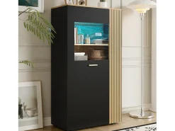 Outlet Vitrine 80x40x146cm - com iluminação LED - com 1 porta - Prateleiras ajustáveis - Painéis de partículas - Preto + natural Vitrina