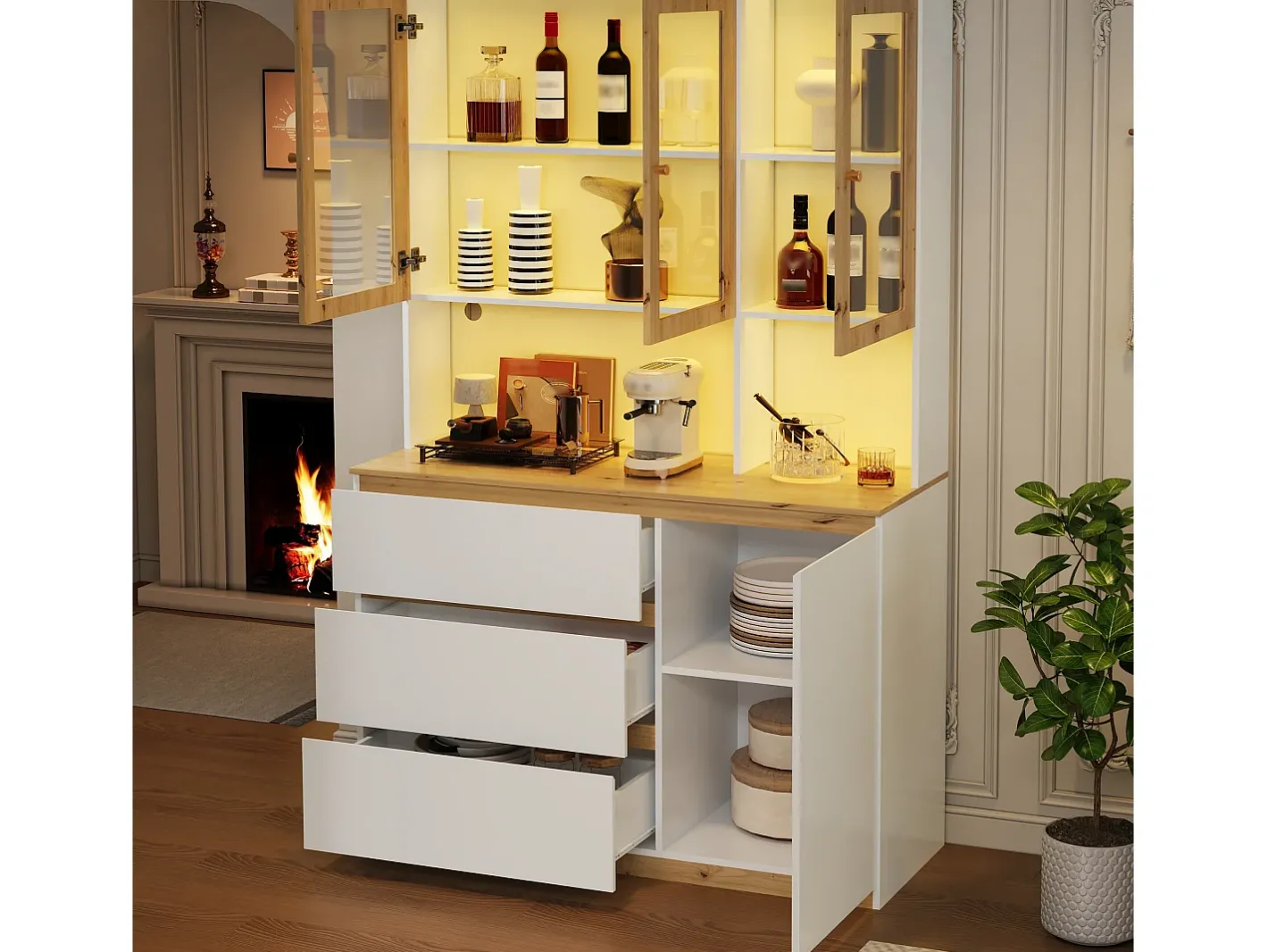 Vitrine/armário alto con iluminação LED - 200 cm de altura - 4 portas e 3 gavetas - Branco e natural^ModernLuxe Sale