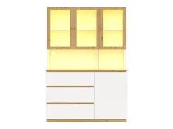Vitrine/armário alto con iluminação LED - 200 cm de altura - 4 portas e 3 gavetas - Branco e natural^ModernLuxe Sale