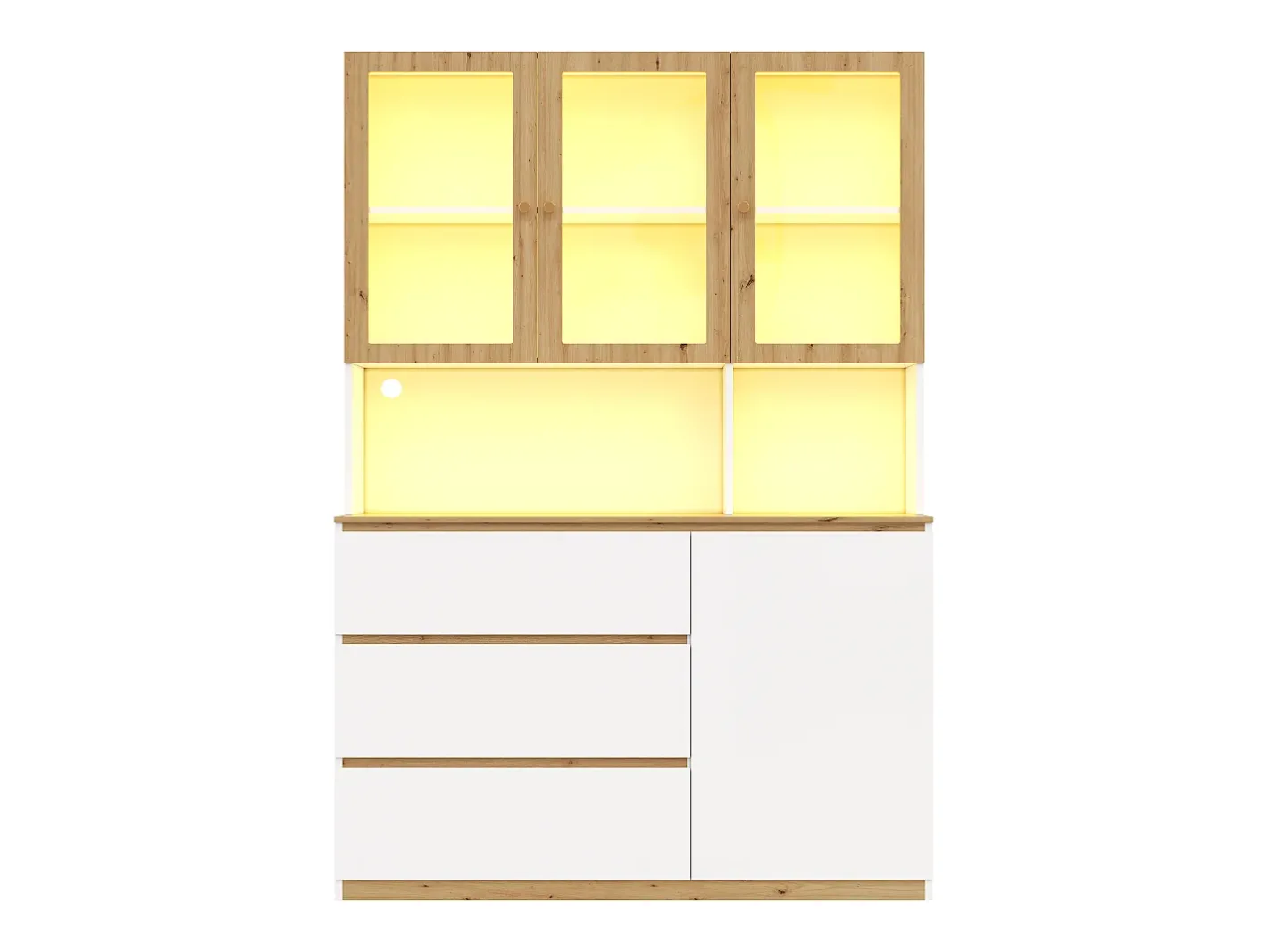 Vitrine/armário alto con iluminação LED - 200 cm de altura - 4 portas e 3 gavetas - Branco e natural^ModernLuxe Sale