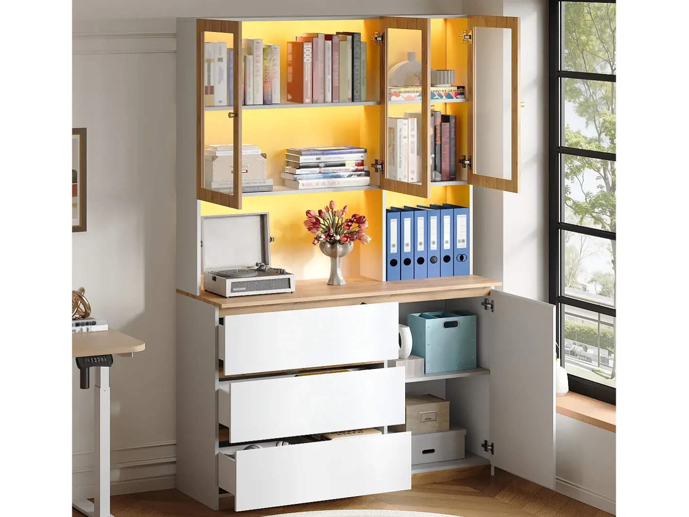 Vitrine/armário alto con iluminação LED - 200 cm de altura - 4 portas e 3 gavetas - Branco e natural^ModernLuxe Sale
