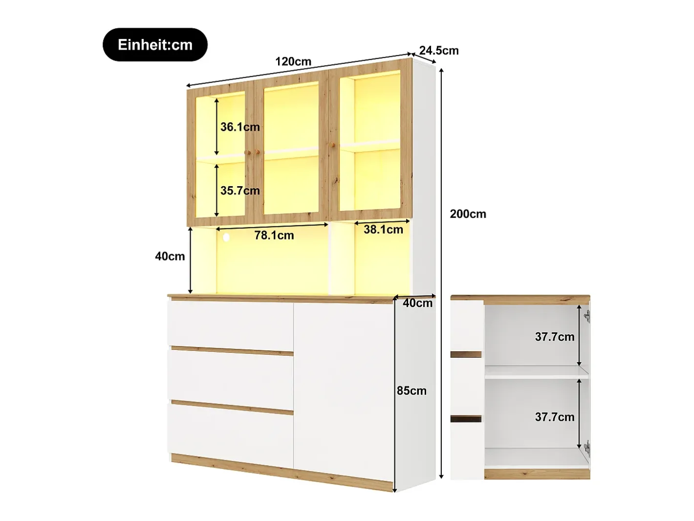 Vitrine/armário alto con iluminação LED - 200 cm de altura - 4 portas e 3 gavetas - Branco e natural^ModernLuxe Sale